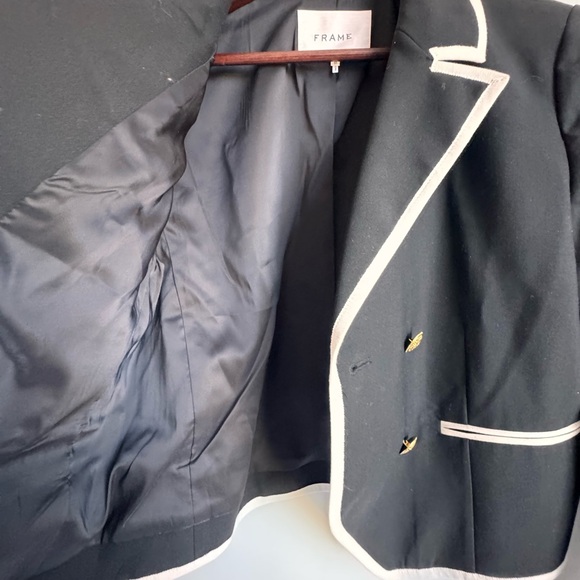 FRAME Contrast-Trim Double-Breasted Blazer Women 10 Black White Wool Sailor gold - Picture 13 of 16